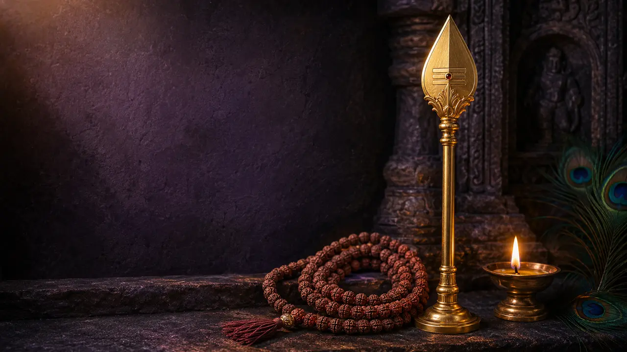 Private mantra practice artwork with a single golden Vel, rudraksha mala and lamp